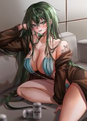 Rule 34 | 1girl, absurdres, beer can, breasts, can, cleavage, couch, drink can, fang, green eyes, green hair, hair between eyes, hand on own face, highres, jacket, large breasts, long hair, nail polish, nompang, off shoulder, original, sitting, skin fang, slingshot swimsuit, solo, sweat, swimsuit, tattoo, very long hair