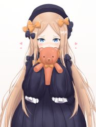 Rule 34 | 1girl, abigail williams (fate), black bow, black dress, black hat, blonde hair, blue eyes, blush, bow, commentary request, covered mouth, dress, fate/grand order, fate (series), forehead, hair bow, hands in opposite sleeves, hat, heart, highres, holding, holding stuffed toy, long hair, long sleeves, looking at viewer, minoshi, orange bow, parted bangs, polka dot, polka dot bow, simple background, solo, stuffed animal, stuffed toy, teddy bear, very long hair, white background