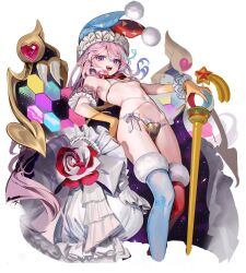 Rule 34 | 1girl, arm cuffs, asymmetrical legwear, bikini, bow, breasts, cane, cape, clothing cutout, commentary request, cropped legs, fangs, flower, frills, fur trim, gem, geometric pattern, groin, hair between eyes, hand on own hip, hat, heart, heart cutout, highres, hip bones, jester cap, kirby (series), long hair, looking at viewer, marx (kirby), mi (mm), mismatched legwear, multicolored hair, navel, nintendo, open mouth, personification, pink hair, purple eyes, red gemstone, slit pupils, small breasts, solo, space print, star (sky), star (symbol), starry sky print, swimsuit, thighhighs, very long hair, white background