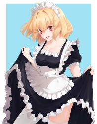 Rule 34 | 1girl, :d, absurdres, alternate costume, anianiani0607, antenna hair, apron, arcueid brunestud, black dress, blonde hair, blue background, border, breasts, cleavage, clothes lift, commentary request, cowboy shot, dress, dress lift, enmaided, frilled apron, frilled dress, frills, head tilt, highres, lifted by self, looking at viewer, maid, maid apron, maid headdress, medium breasts, open mouth, puffy short sleeves, puffy sleeves, red eyes, short hair, short sleeves, smile, solo, standing, thighhighs, tsukihime, underbust, white border, white thighhighs