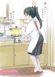 Rule 34 | 10s, 1girl, :d, apron, beamed quavers, black hair, blush, commentary, dancing, ebifly, eyebrows, closed eyes, from behind, full body, houshou (kancolle), indoors, kantai collection, kappougi, kitchen, long hair, motion lines, musical note, open mouth, pantyhose, ponytail, pot, quaver, slippers, smile, solo, standing, steam, stove, translated, twitter username, white pantyhose, wooden floor