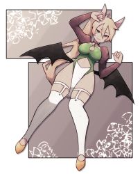 Rule 34 | 1girl, animal ears, bat ears, bat wings, blonde hair, bright pupils, commentary, commission, english commentary, full body, green eyes, green leotard, hair between eyes, hand up, highres, juliet sleeves, lamb-oic029, leotard, long sleeves, looking at viewer, low wings, original, pelvic curtain, puffy sleeves, shoes, smile, solo, thighhighs, white pupils, white thighhighs, wings, yellow footwear