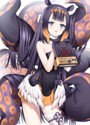 Rule 34 | 1girl, absurdres, animal ears, asymmetrical legwear, bare shoulders, black gloves, black hair, blue eyes, blunt bangs, blurry, book, clothing cutout, collarbone, commentary request, depth of field, gloves, gradient hair, hair between eyes, hairband, hara (xper8243), highres, holding, holding book, hololive, hololive english, leaning forward, long hair, looking at viewer, mismatched legwear, multicolored hair, ninomae ina&#039;nis, pointy ears, sidelocks, simple background, single thighhigh, solo, strapless, tentacles, thighhighs, translation request, virtual youtuber, white thighhighs