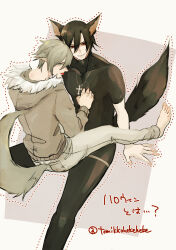 Rule 34 | 2boys, absurdres, akira (togainu no chi), animal ears, artist name, barefoot, black hair, black pants, blue eyes, cross, cross necklace, facing another, full body, fur-trimmed hood, fur trim, grey background, grey hair, grey pants, hair between eyes, highres, hood, hooded jacket, jacket, jewelry, looking at viewer, male focus, multiple boys, muted color, necklace, outline, pants, red eyes, shiki (togainu no chi), shirt, short hair, simple background, smile, tail, togainu no chi, tomikko, toned, toned male, tongue, tongue out, twitter username, upper body, wolf boy, wolf ears, wolf tail, yaoi