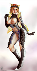 Rule 34 | 1girl, absurdres, ass, bodysuit, breasts, breasts out, circlet, clothing cutout, destiny (game), gloves, hand up, headgear, heels, highres, looking at viewer, medium breasts, midriff, navel, nipples, orange eyes, orange hair, personification, smile, solo, source request, sunshot (destiny), themaestronoob, thighs, veil