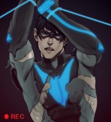 Rule 34 | 1boy, male focus, mask, nightwing, recording, solo, superhero costume, tagme, torn clothes