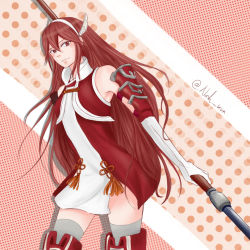 Rule 34 | 1girl, armor, armpits, artist name, bad id, bad instagram id, bare shoulders, caeldori (fire emblem), cowboy shot, elbow gloves, fire emblem, fire emblem fates, gloves, grey thighhighs, hair between eyes, hairband, head wings, highres, holding, holding weapon, looking at viewer, nash-kun, nintendo, polearm, red eyes, red hair, signature, solo, spear, thighhighs, weapon, white gloves, wings, zettai ryouiki