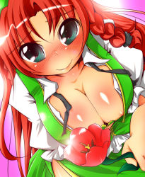 Rule 34 | 1girl, aki (akikaze asparagus), autumn (artist), blue eyes, blush, braid, breasts, china dress, chinese clothes, cleavage, dress, female focus, flower, hat, hong meiling, large breasts, long hair, red hair, solo, embodiment of scarlet devil, touhou, twin braids