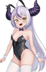Rule 34 | 1girl, 9696k, ahoge, animal ears, black leotard, bow, bowtie, braid, breasts, cleavage, covered navel, demon girl, demon horns, detached collar, fake animal ears, fang, grey hair, hair between eyes, highleg, highleg leotard, highres, hololive, horns, la+ darknesss, leotard, long hair, looking at viewer, multicolored hair, open mouth, oversized breast cup, playboy bunny, purple hair, rabbit ears, simple background, skindentation, small breasts, solo, strapless, strapless leotard, streaked hair, striped horns, thighhighs, traditional bowtie, very long hair, virtual youtuber, white background, white thighhighs, wrist cuffs, yellow eyes