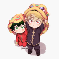 Rule 34 | 2boys, :&lt;, bakugou katsuki, blonde hair, blush stickers, boku no hero academia, chestnut mouth, chibi, chinese clothes, chinese new year, commentary, freckles, furrowed brow, green eyes, green hair, hair between eyes, hand on headwear, highres, kneeling, lion dance, looking at viewer, male focus, meltnotmelt, midoriya izuku, multiple boys, red eyes, shadow, short hair, simple background, spiked hair, twitter username, v-shaped eyebrows, white background
