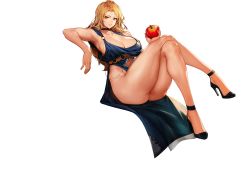 Rule 34 | 1girl, apple, ass, blonde hair, breasts, choker, cleavage, clothing cutout, crossed legs, dress, food, fruit, full body, grin, high heels, highres, jam (nandade), large breasts, last origin, long hair, looking at viewer, navel cutout, no panties, official alternate costume, official art, queen of mane, side slit, simple background, smile, solo, tachi-e, transparent background, yellow eyes