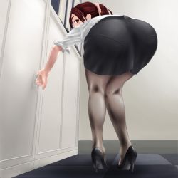 Rule 34 | 1girl, ass, bent over, high heels, indoors, kouno aron, looking at viewer, looking back, miniskirt, office lady, pantyhose, pantylines, pencil skirt, ponytail, scrunchie, skirt, solo