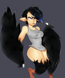 Rule 34 | 1girl, black hair, boggle, bottomless, breasts, cigarette, earrings, eyebrows, feathered wings, grey background, highres, jewelry, original, pointy ears, purple eyes, raven (boggle), short hair, smoking, stud earrings, talons, tank top, thick eyebrows, wings