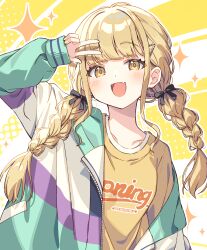 Rule 34 | 1girl, :d, black bow, blonde hair, blush, bow, braid, clothes writing, commentary, fang, fujita kotone, gakuen idolmaster, hair bow, hair ornament, hairclip, highres, idolmaster, jacket, long hair, long sleeves, looking at viewer, low twin braids, low twintails, multicolored background, multicolored clothes, multicolored jacket, open clothes, open mouth, shirt, simple background, single off shoulder, skin fang, smile, solo, sparkle, twin braids, twintails, upper body, v over eye, white background, yellow background, yellow eyes, yellow nails, yellow shirt, zoirun