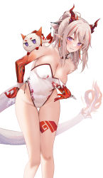 Rule 34 | 1girl, arknights, bare shoulders, braid, breasts, cleavage, colored skin, detached collar, dragon girl, dragon horns, dragon tail, gradient skin, hair ornament, hair stick, highres, horns, large breasts, leotard, looking at viewer, multicolored hair, nian (arknights), parted lips, pointy ears, purple eyes, red hair, red horns, red skin, ru zhai, simple background, smile, standing, tail, thighs, twin braids, two-tone hair, white background, white hair, white leotard