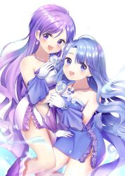 Rule 34 | 2girls, blue eyes, blue hair, caren (mermaid melody pichi pichi pitch), dress, hair ornament, highres, holding, holding microphone, jewelry, long hair, looking at viewer, magical girl, mermaid melody pichi pichi pitch, microphone, mole, mole under eye, multiple girls, necklace, noel (mermaid melody pichi pichi pitch), planet sugar, purple eyes, purple hair, siblings, sisters, twins