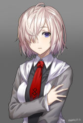 Rule 34 | 1girl, absurdres, blue eyes, casual, fate/grand order, fate (series), grey background, hair over one eye, highres, looking at viewer, makise minami, mash kyrielight, necktie, purple hair, simple background, solo