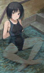 Rule 34 | 1girl, against wall, amagami, arms behind back, barefoot, black hair, black one-piece swimsuit, blue one-piece swimsuit, blush, botan m, breasts, brown eyes, closed mouth, collarbone, commentary, competition school swimsuit, competition swimsuit, crossed legs, embarrassed, foliage, from below, frown, full body, highres, light frown, looking at viewer, looking up, nanasaki ai, one-piece swimsuit, outdoors, partially submerged, pool, raised eyebrows, school swimsuit, short hair, sitting, small breasts, solo, spread legs, stairs, swimsuit, tile floor, tile wall, tiles, toes, two-tone swimsuit, water, wet, wet hair