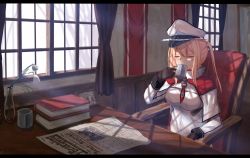 Rule 34 | 10s, 1girl, black gloves, blonde hair, blush, book, book stack, border, breasts, capelet, chair, closed eyes, cross, cross print, cup, curtains, desk, drink, female focus, flower, framed, glass, gloves, graf zeppelin (kancolle), hair between eyes, hat, holding, impossible clothes, indoors, iron cross, jacket, kantai collection, karo-chan, large breasts, letterboxed, long hair, long sleeves, mug, necktie, newspaper, on chair, peaked cap, photo (object), shade, sidelocks, sitting, solo, twintails, upper body, vase, white flower, window, window shadow, wooden wall