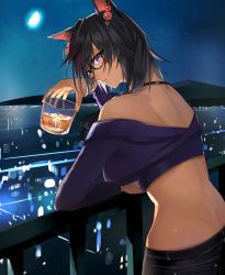 Rule 34 | 1girl, alcohol, animal ears, ass, bare shoulders, black hair, breasts, cat ears, cat girl, commission, cup, dark-skinned female, dark skin, denim, drinking glass, earrings, fence, glasses, highres, hoshi rasuku, jeans, jewelry, light, looking at viewer, moon, moonlight, mountain, necklace, night, original, pants, purple eyes, skeb commission, solo, stomach, sweater, wine, wine glass