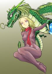 Rule 34 | 1girl, blonde hair, bodysuit, breasts, chinese zodiac, covered navel, dragon, eastern dragon, full body, gradient background, highres, looking to the side, medium breasts, original, purple bodysuit, red scarf, scarf, short hair, year of the dragon, yunarisa haruka