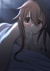 Rule 34 | bed sheet, breasts, brown eyes, brown hair, finger to mouth, hair flaps, highres, indoors, kantai collection, large breasts, light rays, long hair, looking at viewer, night, pov, selvalanch, shiratsuyu (kancolle), solo, under covers