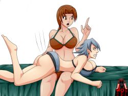 Rule 34 | 2girls, alternate color, ass, bare shoulders, barefoot, blue eyes, bra, breast press, breasts, brown eyes, brown hair, cleavage, clenched hand, clenched teeth, creatures (company), delia ketchum, game freak, huge ass, hunter j, large breasts, long hair, mature female, multiple girls, nintendo, open mouth, pokemon, pokemon (anime), pokemon dppt, scolding, shiny skin, sideboob, silver hair, spanked, spanking, teeth, transparent background, underwear, underwear only, war-off-evil