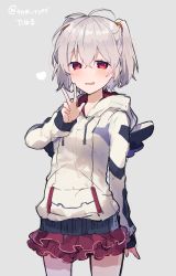 Rule 34 | 1girl, angel chromosome xx, bad id, bad twitter id, commentary request, cowboy shot, grey background, grey hair, hand up, heart, highres, hood, hood down, hoodie, ikeuchi tanuma, long sleeves, looking at viewer, neon genesis evangelion, red eyes, red skirt, short hair, simple background, skirt, smile, solo, standing, tabris-xx, twintails, twitter username, v
