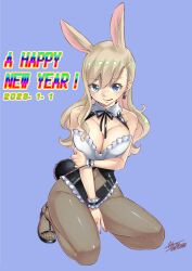 Rule 34 | absurdres, animal ears, arm under breasts, black leotard, blonde hair, blue eyes, bow, bowtie, breast press, breasts, cleavage, collar, colored skin, eden&#039;s zero, happy new year, high heels, highleg, highleg leotard, highres, large breasts, leotard, mashima hiro, navel, new year, playboy bunny, rabbit ears, rabbit tail, rebecca bluegarden, seductive smile, smile, tail, thick thighs, thighs, tongue, tongue out, white skin, wide hips, wrist cuffs
