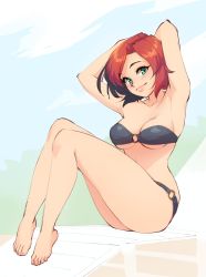 Rule 34 | 1girl, armpits, arms behind head, arms up, bare arms, bare legs, barefoot, bikini, bikini day, black bikini, black hair, breasts, commentary, feet, full body, green eyes, highres, looking at viewer, medium breasts, monorus, multicolored hair, o-ring, o-ring bikini, original, red hair, remi (monorus), short hair, sitting, smile, solo, swimsuit, two-tone hair, underboob