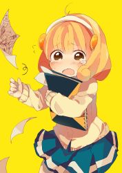 Rule 34 | 10s, 1girl, bad id, bad pixiv id, blonde hair, blush, brown eyes, cardigan, hair ornament, hairband, highres, ika, ikamusume, kanemoto hisako, kise yayoi, open mouth, paper, pleated skirt, precure, school uniform, shinryaku! ikamusume, short hair, simple background, sketchbook, skirt, smile precure!, solo, tears, voice actor connection, wavy mouth, white hairband, yellow background