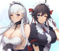 Rule 34 | 2girls, ahoge, apron, azur lane, belfast (azur lane), black hair, blue eyes, braid, breasts, choker, cleavage, collarbone, commission, crossover, gloves, hair between eyes, highres, large breasts, long hair, looking at viewer, maid, maid headdress, maitei roppa, multiple girls, pixiv commission, purple eyes, smile, veronica (x-overd), white gloves, white hair, x-overd