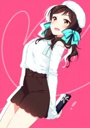 Rule 34 | 1girl, blue bow, blush, bow, box, brown hair, brown shorts, gift, gift box, hair bow, hat, high-waist shorts, holding, holding box, idolmaster, idolmaster million live!, idolmaster million live! theater days, kitazawa shiho, long hair, open mouth, pink background, shadow, short shorts, shorts, sketch, sleeves past wrists, solo, sweater, touon, wavy mouth, white hat, white sweater, yellow eyes