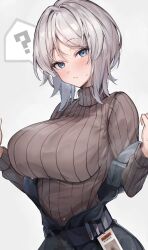Rule 34 | 1girl, ?, absurdres, blue eyes, blush, breasts, brown sweater, closed mouth, faust (project moon), highres, kuroshiro kanae, large breasts, limbus company, long sleeves, project moon, ribbed sweater, short hair, simple background, solo, sweater, turtleneck, turtleneck sweater, white hair