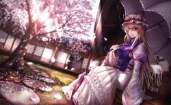 Rule 34 | 1girl, blonde hair, breasts, building, cherry blossoms, dress, grass, hat, highres, long dress, long hair, long sleeves, looking at viewer, mochi (chain csn), outdoors, petals, sitting, smile, solo, tabard, touhou, tree, umbrella, wide sleeves, yakumo yukari