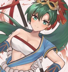 Rule 34 | 1girl, bandeau, blue shirt, blush, breasts, cleavage, collarbone, commentary, earrings, fire emblem, fire emblem: the blazing blade, fire emblem heroes, green eyes, green hair, hair between eyes, highres, jewelry, large breasts, long hair, looking at viewer, lyn (fire emblem), mask, mask on head, midriff, navel, nintendo, official alternate costume, ponytail, purrlucii, sarashi, shirt, single-shoulder shirt, single bare shoulder, single sleeve, smile, solo, stomach, strapless, tube top, upper body, very long hair