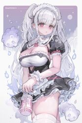 Rule 34 | 1girl, black skirt, breasts, cleavage, commentary, earrings, garter straps, ghost, grey hair, highres, jewelry, lantern, large breasts, long hair, looking at viewer, maid, maid headdress, original, pink eyes, puffy short sleeves, puffy sleeves, short sleeves, skirt, solo, thighhighs, thighs, twintails, voruvoru, white thighhighs, wrist cuffs
