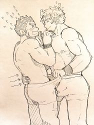 Rule 34 | 2boys, ^ ^, animal ears, bara, blush, body blush, boxers, brown eyes, bulge, bulge press, bulges touching, closed eyes, couple, cow boy, cow ears, cow horns, facial hair, facial scar, feet out of frame, fiery horns, flying sweatdrops, forked eyebrows, from side, garugaru wolf03, glowing horns, goatee, graphite (medium), highres, horns, long sideburns, male focus, male underwear, male underwear pull, multiple boys, muscular, muscular male, pectorals, pulling another&#039;s clothes, scar, scar on cheek, scar on face, short hair, sideburns, sketch, smile, spiked hair, standing, tamamura gunzo, thick eyebrows, tokyo houkago summoners, topless male, traditional media, underwear, wakan tanka, yaoi