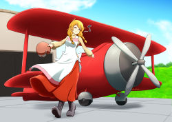 Rule 34 | 100 percent orange juice, 1girl, aircraft, airplane, apron, beige shirt, biplane, boots, braid, closed eyes, closed mouth, cloud, flying red barrel, full body, helmet, highres, holding, holding helmet, long hair, long skirt, long sleeves, marc (orange juice), musical note, orange hair, rakkidei, red skirt, skirt, sky, twin braids, vehicle focus