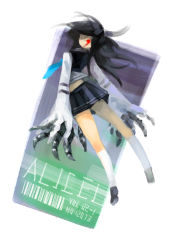 Rule 34 | 1girl, alicel, barcode, black footwear, black hair, black skirt, character name, claws, commentary, full body, kneehighs, long hair, looking at viewer, looking back, miniskirt, no mouth, npc (nemui), ragnarok online, red eyes, shirt, shoes, skirt, socks, solo, torn clothes, torn sleeves, white background, white shirt, white socks