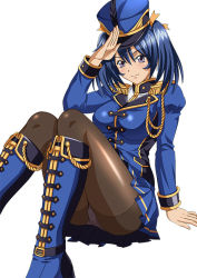 Rule 34 | 1girl, alternate costume, bashoku youjou, blue hair, boots, breasts, epaulettes, female focus, hair ornament, hat, ikkitousen, legs, long sleeves, looking at viewer, official art, panties, panties under pantyhose, pantyhose, salute, short twintails, simple background, sitting, smile, solo, twintails, underwear, white background