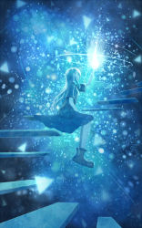 Rule 34 | 1girl, blue theme, boots, commentary request, fantasy, long hair, magic, original, sakimori (hououbds), short sleeves, sitting, skirt, solo, stairs, wide sleeves