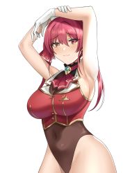 Rule 34 | 1girl, :3, absurdres, armpits, arms up, breasts, cleavage, crimecrime, highres, hololive, houshou marine, large breasts, leotard, looking at viewer, multicolored eyes, navel, red hair, see-through, see-through cleavage, skindentation, solo, thighs, virtual youtuber