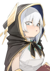 Rule 34 | 1girl, :&lt;, ars almal, black cape, blush, book, breasts, cape, commentary request, eyes visible through hair, green eyes, hair over one eye, highres, hood, hood up, hooded cape, nijisanji, parted lips, shirt, silver hair, simple background, sleeveless, sleeveless shirt, small breasts, solo, triangle mouth, uno ryoku, upper body, virtual youtuber, white background, white shirt