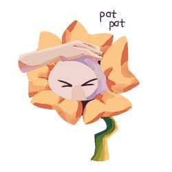 Rule 34 | &gt; &lt;, alicezakat, disembodied hand, english text, flower, flowey (undertale), full body, hand on another&#039;s head, headpat, highres, open mouth, simple background, solo focus, sunflower, undertale, wavy mouth, white background, yellow flower