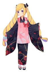 Rule 34 | 1girl, bag, black footwear, black kimono, blonde hair, blue bow, blush, bow, closed mouth, earrings, elise (fire emblem), fire emblem, fire emblem fates, floral print, flower, full body, gem, geta, hair bow, holding, holding bag, japanese clothes, jewelry, kimono, long hair, long sleeves, looking at viewer, multicolored hair, nintendo, pink flower, pink rose, print kimono, purple eyes, purple hair, red bow, rose, rose print, simple background, sleeves past wrists, smile, solo, standing, swept bangs, tabi, transistor, two-tone hair, very long hair, white background, white legwear, wide sleeves