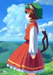 Rule 34 | 1girl, animal ear fluff, animal ears, brown eyes, brown hair, cat ears, cat tail, chen, from side, green hat, hat, mob cap, multiple tails, nail polish, nekomata, red nails, solo, tail, takuzui, touhou, two tails