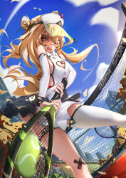 Rule 34 | 1girl, azur lane, bache (azur lane), bache (showy sports star) (azur lane), ball, bare shoulders, blonde hair, blue sky, blush, breasts, building, city, cleavage, cleavage cutout, clothing cutout, cloud, day, detached sleeves, green-tinted eyewear, green-tinted glasses, heart cutout, highres, holding, holding racket, long hair, looking at viewer, manjuu (azur lane), one eye closed, racket, renze l, single thighhigh, sky, skyscraper, small breasts, smile, sportswear, sunglasses, tennis, tennis ball, tennis court, tennis dress, tennis net, tennis racket, tennis uniform, thigh strap, thighhighs, tinted eyewear, twintails, two side up, very long hair, visor cap, white thighhighs