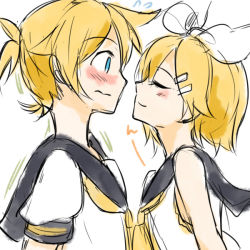 Rule 34 | 1boy, 1girl, blonde hair, blue eyes, blush, brother and sister, closed eyes, couple, hair ornament, hairclip, hetero, incest, kagamine len, kagamine rin, natsu (natume0504), short hair, siblings, simple background, smile, twincest, twins, vocaloid, waiting for kiss, white background