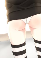 Rule 34 | 1girl, ass, backlighting, black sweater, black thighhighs, close-up, dutch angle, highres, lower body, mochiyuki, original, panties, photo-referenced, solo, sweater, thighhighs, thighs, two-tone legwear, underwear, wedgie, white panties, white thighhighs